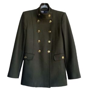 ZARA X MANTECO Italian Wool Army Green Double Breasted Pea Coat Sz L Blogger Fa